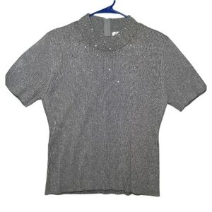 Vintage 80s Elegant Sleek High Collared Ribbed Short Sleeves Beaded Top Glamour